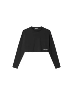 Crop Top In Jersey Manica Lunga Con Stampa - Nero