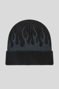 Cuffia Lana Nera Con Fiamme Grigie - Black