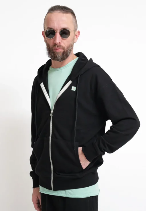 Felpa Cappuccio + Zip Tessuto Riciclato Black