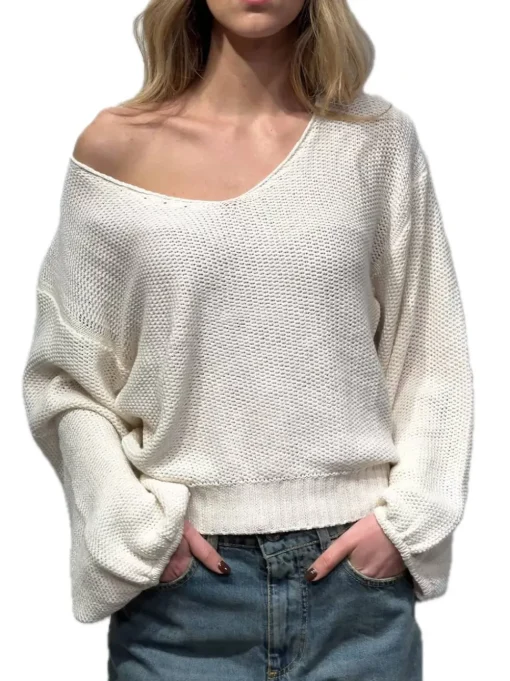 Maglia Scollo A V Nido D'Ape - Burro