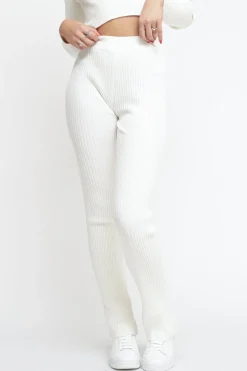 Pantalone In Costina Maglieria A Zampa - Bianco Burro