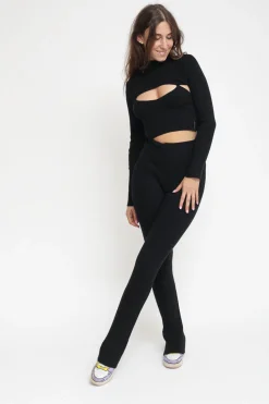 Pantalone In Costina Maglieria A Zampa - Nero