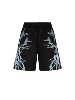 Shorts With Lateral White Lightining Print And Embroidery Gotic Logo - Black