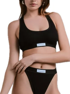 Top In Costina Con Elastico E Etichetta - Nero